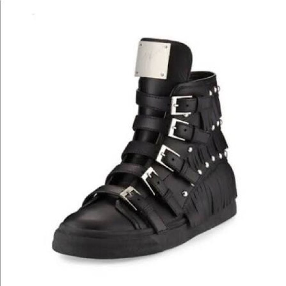 Women’s Giuseppe Zanotti Black Leather Fringe Studded High-Top Sneakers Size 38